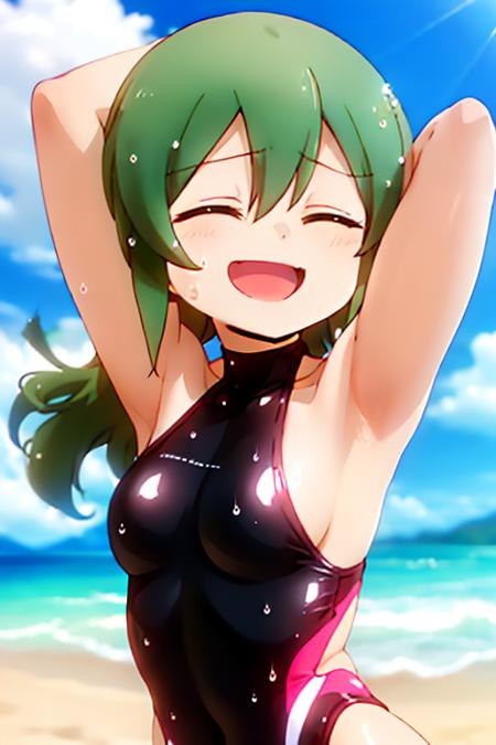  <lora:igarashi_futaba1:0.9>, igarashi_futaba, swimsuit, beach, sky, wet, happy, closed_eyes, armpits