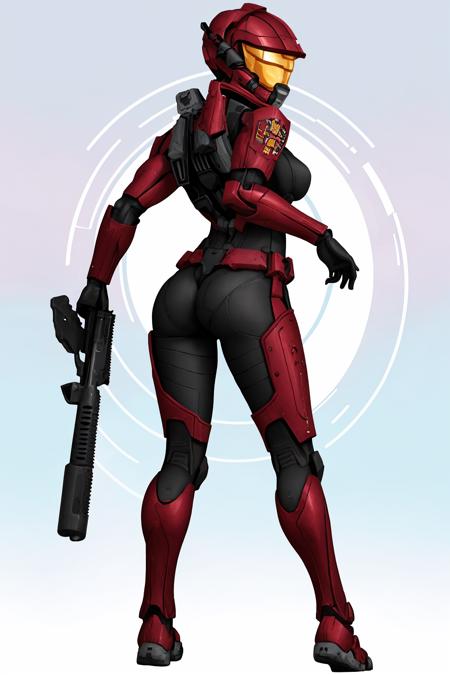 <lora:HaloSpartansV1-000050:1>,  FemaleSpartan, 1girl, weapon, ass, helmet, solo, full_body, standing, from_behind, breasts, looking_back,illustration,  novel illustration,