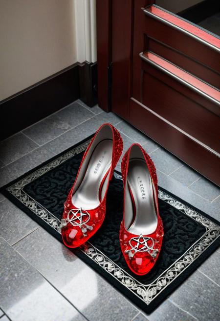 (( Photograph of 2 transparent red glass slippers, (the slippers are red clear seethough translucent and made of glass) , on an old fashioned welcomemat with the word "Home" printed on the welcome mat which is on the floor.))
((everything is grayscale except the red glass slippers which are red, the background and mat with the word "home" seen on it are black and white and only the red glass slippers are red)),
((the welcomemat has the text "Home" printed on it and the red glass slippers have been placed on the welcome mat on the floor))
((nostalgic, intricately detailed, extremely detailed  background, perfect accuracy, award winning photograph))
BREAK
,((uhd, 8k photograph taken with Sony A7R III, 1/30sec at f/5.6, ISO 20,000, 12-24mm f/4 at 12mm, jib angle, looking down at an angle, experimental lighting)) 
BREAK
((inverted pentagram emblem present)), 
ng_deepnegative_v1_75t, epiCRealism, Ellis-RealismBoost