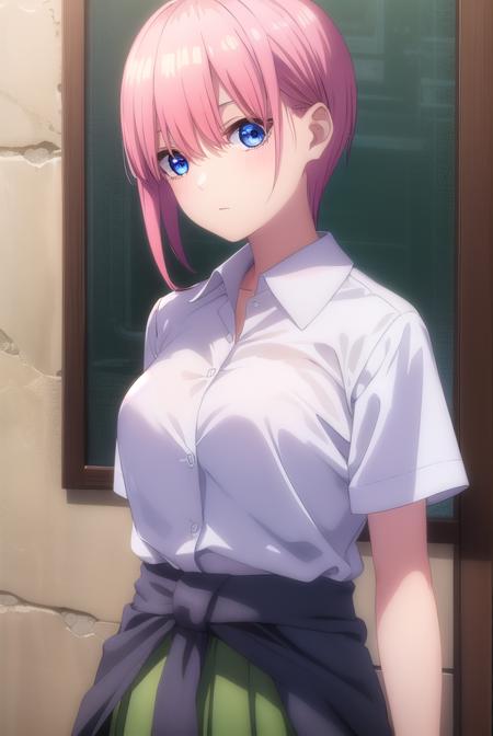 ichikanakano, <lyco:ichikanakanospecial-lyco-nochekaiser:1>, 
ichika nakano, short hair, bangs, blue eyes, hair between eyes, pink hair,
BREAK skirt, shirt, school uniform, white shirt, short sleeves, pleated skirt, shoes, socks, collared shirt, black footwear, sweater, white socks, (green skirt:1.2), loafers, clothes around waist,
BREAK indoors, classroom,
BREAK looking at viewer, (cowboy shot:1.5),
BREAK <lyco:GoodHands-beta2:1>, (masterpiece:1.2), best quality, high resolution, unity 8k wallpaper, (illustration:0.8), (beautiful detailed eyes:1.6), extremely detailed face, perfect lighting, extremely detailed CG, (perfect hands, perfect anatomy),