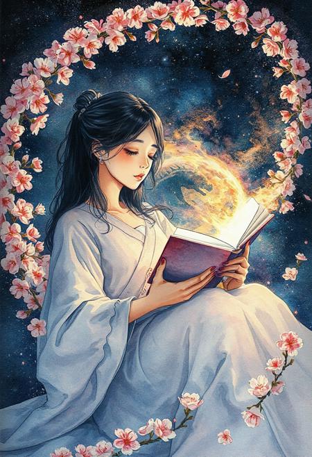 A surreal illustration of a 26-year-old woman reading a book in deep space, her body gently cradled by a swirling ribbon of cherry blossoms and cosmic light, some petals burning at the edges, a faint silhouette of a dragon emerging from the book’s pages, eyes closed, peaceful yet unaware of the awakening, surrounded by quiet tension, emotional storytelling, watercolor and ink texture, high detail, fantasy meets Japanese ethereal style, masterpiece