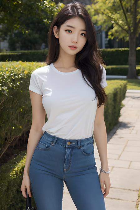 1girl , looking at viewer, tight jeans, small tshirt, outside, outdoors, park, detailed face, detailed eyes, hand bag,