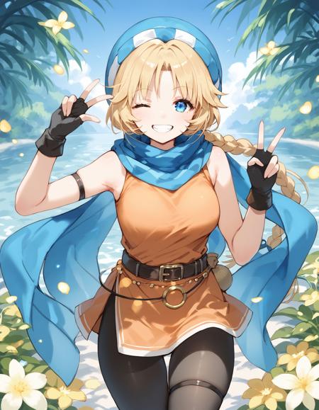 patty feh,hat,scarf,armband,fingerless gloves,orange dress,belt,belt pouch,pantyhose,thigh strap,boots