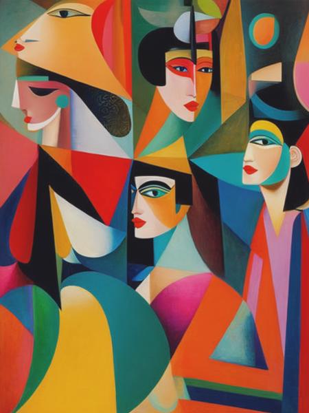 <lyco:JeanMetzinger:1.0> women in bright colors, in the style fantastic women binini picasso meninas avignonof contemporary frescoes, geisha portraits, art that plays with scale, gothic art, exaggerated features, cubist portraits, muted whimsy