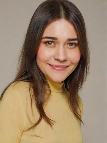 Portrait photo of al3ss4n3grin1 woman smilling, yellow turtleneck blouse, white background, detailed face