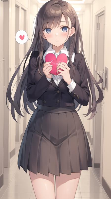 masterpiece, best quality, girl, in school hallway, holding love letter, spoken hearts