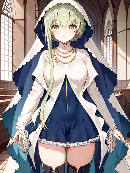 cecilia, 1girl, green hair, long hair, green eyes, hair between eyes, very long hair, thighhighs, ((single sidelock)), asymmetrical hait, white thighhighs, 