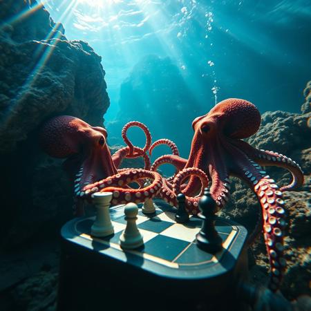 a very detailed close picture of a n octopus playng chess with another octopus underwater near an intricate rock formation, sunlight pasing throw water, chess pieces on the  chess table