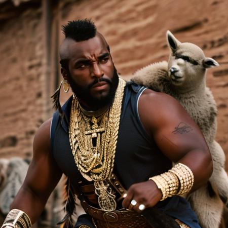 a man fighting a lama, full body,  Highly detailed, masterpiece, best quality, photorealistic,  <lora:MrTLora:0.8> male focus, realistic, dark skin, facial hair, beard, black hair, manly, jewelry, mohawk, bracelet, serious