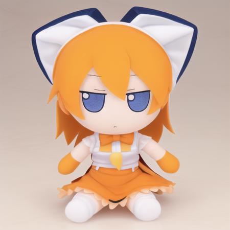 floppa, 1girl, ((solo)), animal ears, caracal ears, blue eyes, caracal tail, orange bowtie, white sleeveless shirt, orange elbow gloves, orange hair, orange high-waist skirt, long hair, belt, bare shoulders, orange thighhighs, hair between eyes, bangs, sidelocks, orange neckwear, large breasts, long sleeves, white belt, center frills, breast pocket, (fumo, deka fumo, version 1)