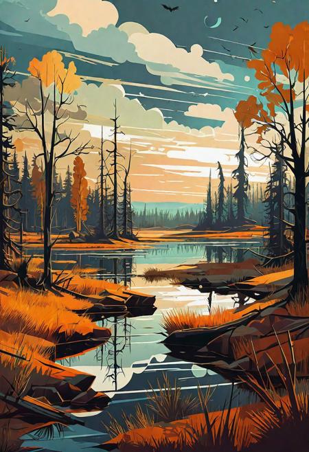 epic landscape, a post-apocalyptic world, seasons, flat vector illustration, different colour palette, muted colors, complex composition, intricate details, hightly detailed, improvisation, by Nikolai Dubovskoy, by Michael Klodt