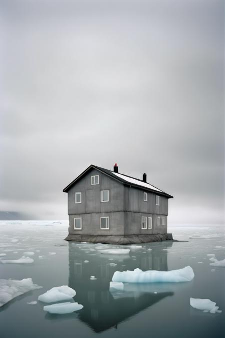 <lora:Akos Major style:1>Akos Major style - an andreas gursky photograph of a massive freshwater glaciar in the arctic. ice wall. all land covered in ice. freshwater glacier. a small house on top of the glacier. under a grey sky. photographed