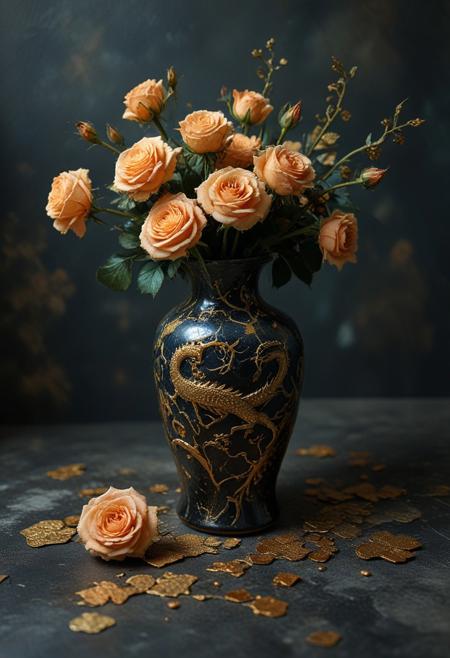 tilt-shift photo of best quality double exposure complex surreal painting on cracked paper, macro, microworld,  hyperdetailed,   insanely detailed ,black roses in vase, bouquet of roses, ceramic vase, gold dragon on vase, black marble floor, sitting on floor, dark background, big eyes 32k, by Rockwell, WLOP Ryniac, Craola, Disney, van Gogh, highly detailed, intricated, intricated pose, high quality, centered, perfect composition.,
<lora:Midjourney_-_SemiReal_Dreams_FLUX_LoRA:1>,<lora:hyper-detail-illustration:1>, Selective focus, miniature effect, blurred background, highly detailed, vibrant, perspective control