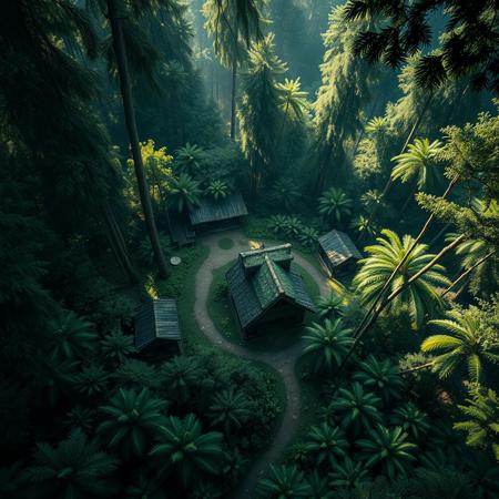 top down view of a sci fi indigenous peoples settlement in a forest (up close, flora, masterpiece sci-fi dark gritty hyperrealisitic concept art 8k) , dappled light forest