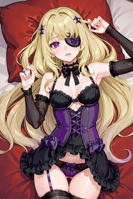 charlotte, 1girl, solo, blonde hair, long hair, purple eyes, eyepatch