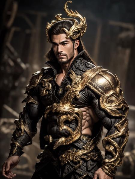 Best quality, masterpiece, ultra high res, photorealistic, (mascular, strong body builder) <lora:moonlord:0.6> a man in black and gold armor, headpiece, detailed skin, facial hair, long beard, cinematic lighting, shadow, long black hair, biomechanical environment