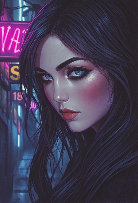 portrait (9:16) Draw a surrealism image of a gorgeous , showcasing her dynamic three-quarter close-up with vibrant pastel lighting. She has long brunette wavy hair, pale skin, and bright piercing eyes, smiling mysteriously in a neon-lit slum alley with dramatic neon signs., <lora:- Flux1 - vanta_black_V2.0:1> <lora:DnDDarkestFantasy:1> <lora:FluxF4ngs:1>, tiny tits