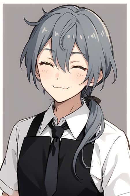 <lora:NikiShiina-08:0.7> ,niki, 1boy, solo, smile, simple background, shirt, hair between eyes, closed mouth, closed eyes, white shirt, grey hair, necktie, collared shirt, :3, border, black necktie, meme, black border