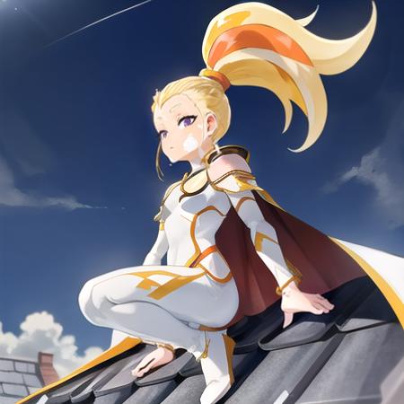 SFW, Masterpiece, highest Quality, Highest Resolution, perfect detailed modern anime style, anime lighting, detailed background, detailed, Adora, 1girl, solo, blonde hair, yellow hair, purple eyes, tail, ponytail,  high ponytail, shoulder armor, body fur, two-tone fur, cape, white armor, yellow fur, top knot, facial fur, clothed, yellow skin, multicolored skin, adult, on roof looking out onto a  village, full body, bright aura, yellow aura,