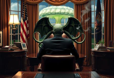 cthulu for president, oval office, mushroom cloud outside window, real photograph,photorealistic, correct hands, correct fingers, lovecraftian, vote button, campaign photo, election, elegant scene, facing away, sitting, smoking cigar, feet on desk
