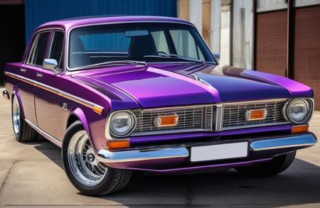 score_9, score_8_up, score_7_up, ultrarealistic, 8k, photo of static car from front and side, ( 4-door mid-size sedan, 5 metres length, 2 metres width, 1.4 metres height, horizontal chrome grill, two headlights, car looks like a gaz-24 Volga, 1977 model year, square shapes:1.2), (drag-racing style, (two-tan colored body with purple and orange low), (chrome blower scoop, supercharger:1.2), front splitter, rear ducktail spoiler, wide rear tyres, (side exhaust:1.2), (front suspension lower than rear:1.1), detailed turbine chrome rims:1.2), (urban, parking lot, graffiti), night, soft light, cimematographic.
