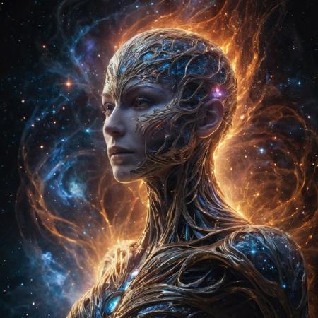 Ethereal being made of mad-wsps, humanoid figure made of light, astral, light shaped into a human form, made of starlight, made of magic, made of galaxies, made of the cosmos, OverallDetail, masterpiece oil painting of photorealistic epic fantasy, fujifilm xt3, 16 uhd, epic quality, ultra-detailed, exquisite features, inspiring, jaw-dropping, cinematic, film grain, intense shadows, moody lighting