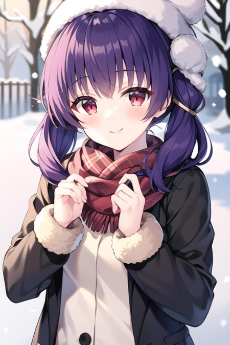 <lora:Myrrh_fe-10:.65>, myrrh_fe, smile, multi-tied hair, red eyes, winter clothes, beanie, snow, outdoors, snowing