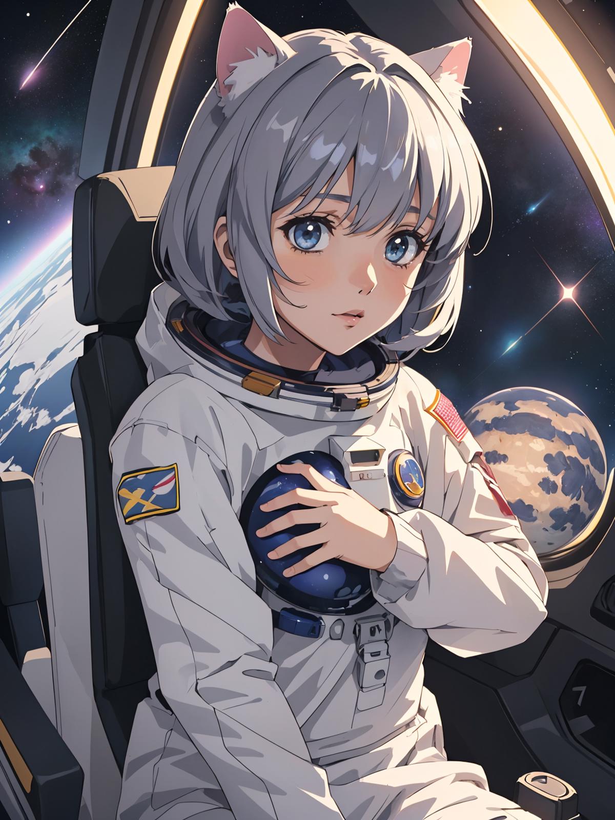 Anime girl in a space suit holding a blue ball.
