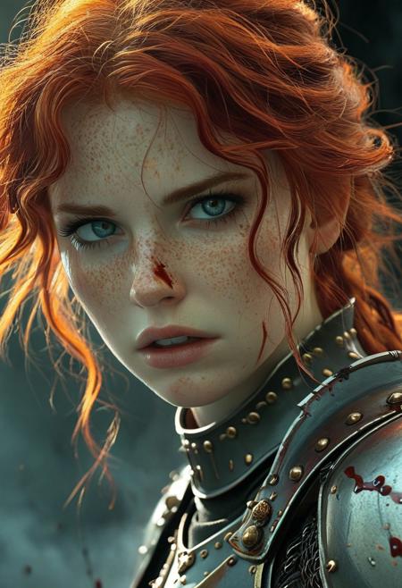 A beautiful Warrior girl with wavy red hair Standing on the a bloody battlefield. Her iron armor are intricately detailed and reflecting flickering light, Dark fantasy style, The light of dark fantasy battle illuminates her determined expression as she prepares to face the enemy, Close up. Dark fantasy style,  Standing on a battlefield at the head of an army of knights, where a bloody slaughter is taking place, (standing in a vigorous pose: 1.5), (direct eye contact: 1.3), whole athletic body, cinematic lightning, intricately detailed iron armor, The scene is reminiscent of a Greg Rutkowski concept art piece, realstic blue eyes, realistic freckled pale face covered in blood, with dramatic lighting and a dark, curvy, looking at viewer, gritty atmosphere, Ultra-detailed, Raytracing reflections, High contrast, beautiful Warrior girl, beautiful firm body, girl athletic figure, (very pale freckled face: 1.3), oranges, and greens, attractive 21 years old woman, cinematic lightning, Cinematic film still, Medium shot. Best quality, Masterpiece, The scene is reminiscent of a Greg Rutkowski concept art piece, realistic pale face covered in blood, with dramatic lighting and a dark, gritty atmosphere, asymmetrical balance, adding to the intense and dynamic atmosphere of the scene