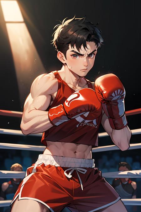 (masterpiece), head portrait, fantasy, heroic look, black hair, fighting arena, athletic boy, athletic body, red boxing shorts, (looking at viewer: 1.1), (high gloss skin: 1.1) , tough boy, in attack pose with boxing gloves,<lora:GoodHands-beta2:1>