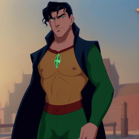 Robin from Teen Titans, man,  black hair, green superhero suit, red sleeves on a city street, detailed, high quality, cartoon, disney style<lora:DisneyRenV2:1>