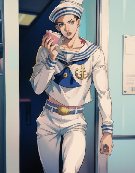 holding a cake slice, solo, tooth gap, masterpiece, best quality, 1boy, 19 years old, gappyjojo, full body, hat, looking at viewer, solo, detailed background, detailed face, sailor, bright lighting, male focus, amazing, belt, pants, anime, araki hirohiko (style):0.68, sneakers, shoes, star (symbol), birthmark,
 <lora:gappy:0.89>