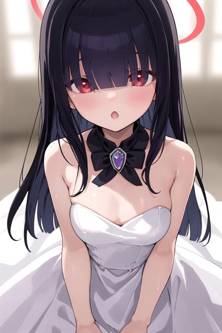 <lora:JTFMob_BA:1>
1girl, jtfmob, halo, hair over eyes, black hair, long hair, red eyes,
wedding dress, close-up, :o, blush,