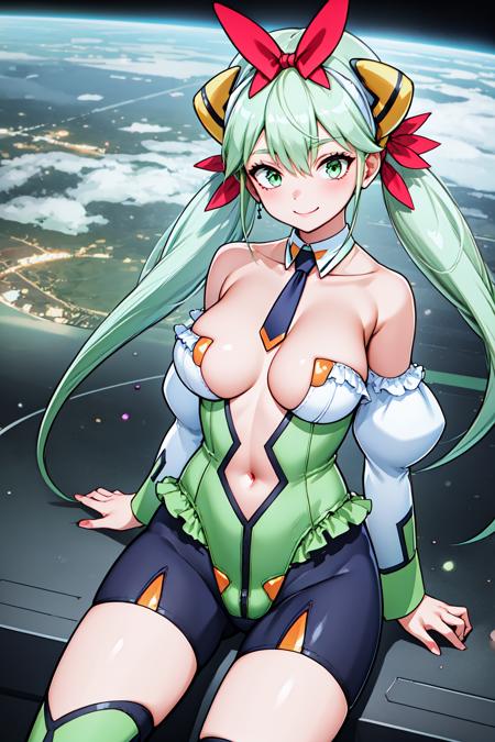 otome_esmeralda, green eyes, green hair, long hair, twintails, breasts, navel, collarbone, bow, hair bow, hair ribbon, horns, necktie, detached collar, bare shoulders, detached sleeves, long sleeves, green leotard, navel cutout, center opening, frills, thighhighs,