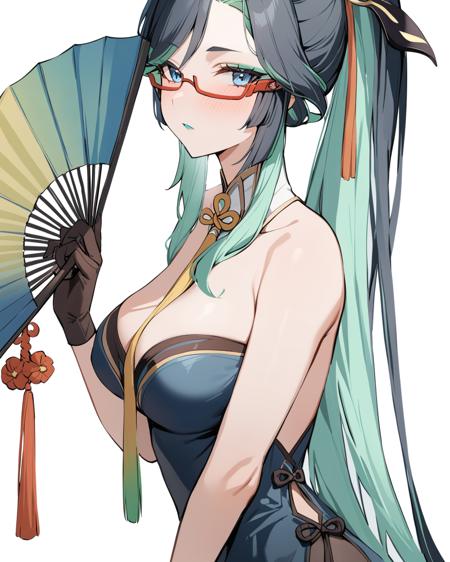 masterpiece, best quality,  <lora:liuyun:1>ï¼1girl, hand_fan, solo, holding_fan, looking_at_viewer, glasses, multicolored_hair, holding, black_hair, ponytail, breasts, hair_ornament, long_hair, folding_fan, white_background, chinese_clothes, bare_shoulders, dress, makeup, blue_eyes, bangs, green_hair, from_side, upper_body, china_dress, simple_background, looking_to_the_side, eyeshadow, lace_trim, shadow, gloves, ribbon, red-framed_eyewear