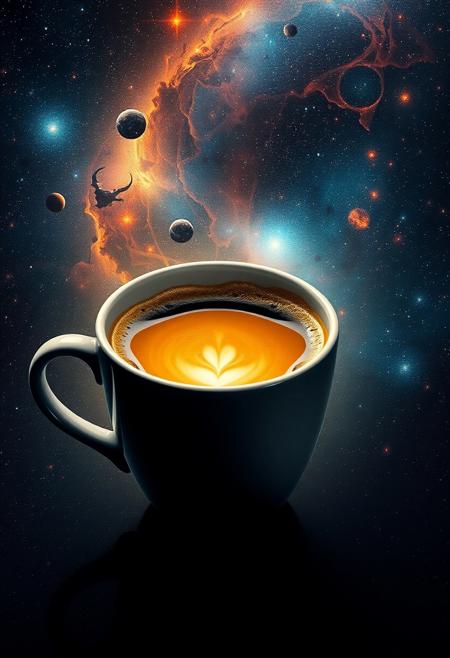 The cup of coffee is a portal to outer space, a beautiful adventure awaits, vision of galaxies and nebula