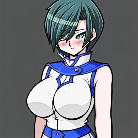 very short hair,green eyes,white shirt,blue skirt,blue belt,sleeveless,