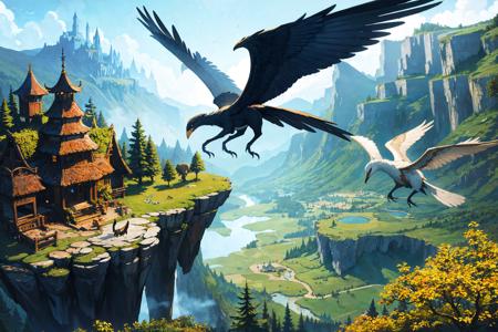 best quality, masterpiece, panoramic view of a fantasy landscape with flying creatures, forest, trees