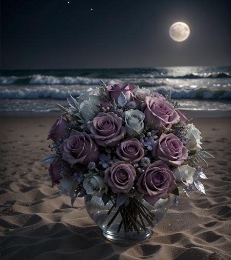 flowers roses, diamond crystal, on the beach, fantasy, sky night , moon,photo, HD, 8K , realistic, HD, intricate, 8k, highly detailed,fun, sharp focus, (muted colors, dim colors, soothing tones:1.3), low saturation, (hyper detailed:1.2), (noir:0.4), (intricate details:1.12), hdr, (intricate details, hyper detailed:1.15)