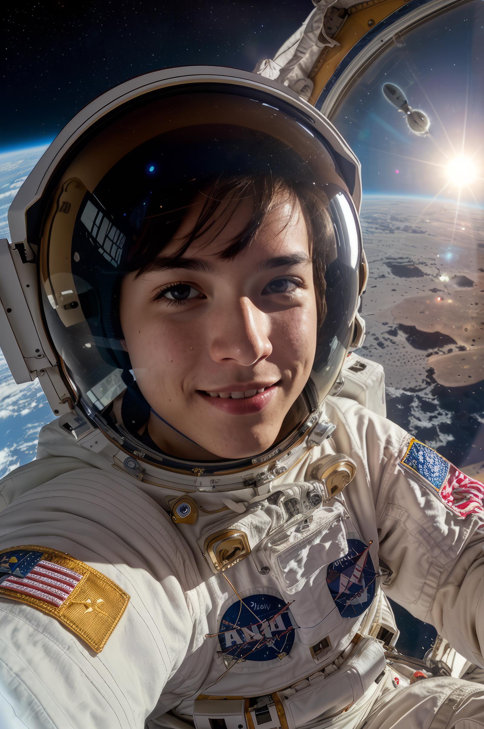 A smiling astronaut in a white suit posing for a photo in front of a space background.