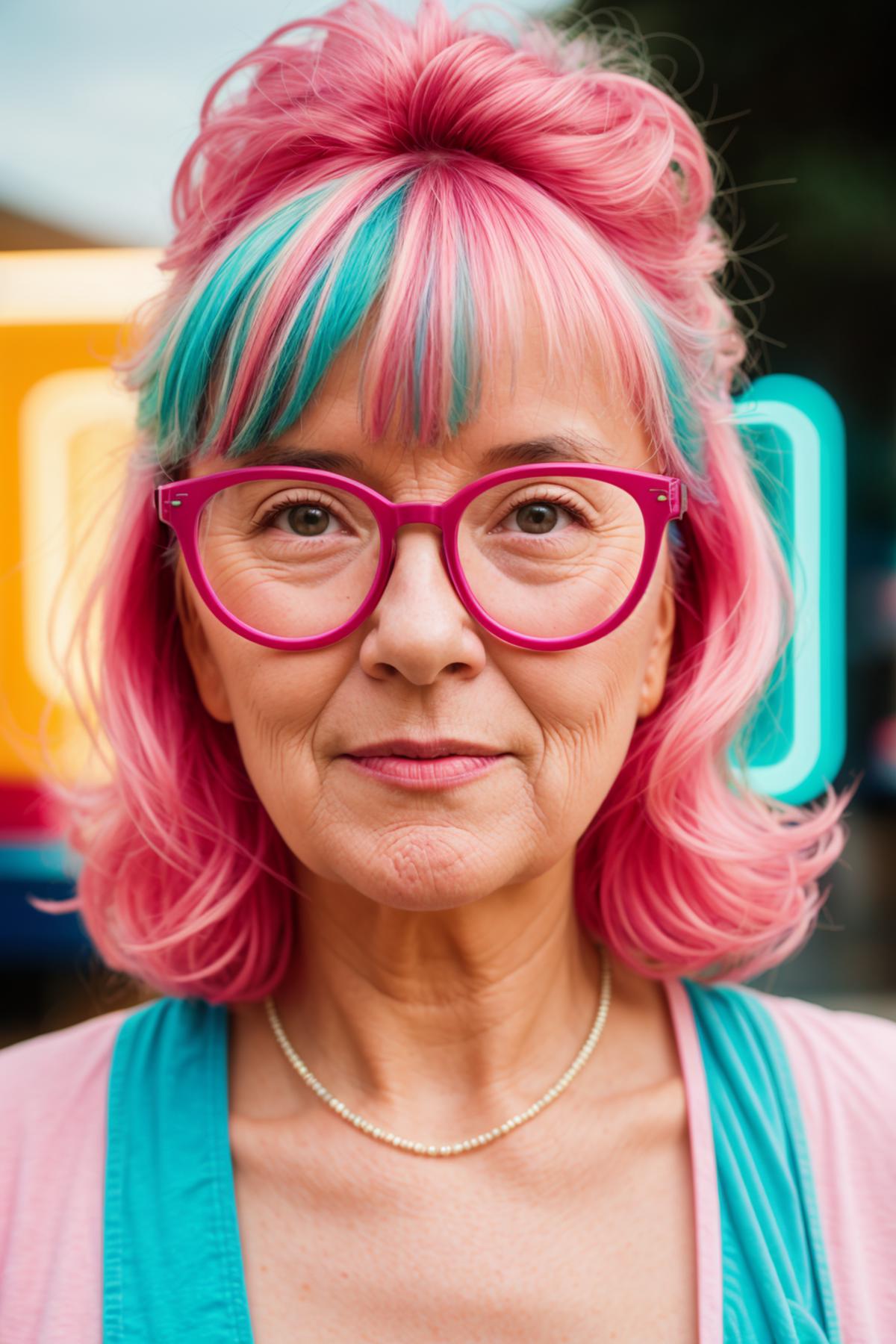 The image features a woman with pink hair, wearing pink glasses and a pink top. She is smiling and appears to be in a cheerful mood. The woman's hair is styled in a bun, and she is wearing a necklace. The scene is set against a colorful background, which adds to the vibrant and lively atmosphere of the image.