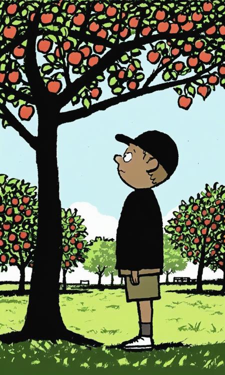 Graffiti Comic,A child stands under an apple tree,thinking,<lora:Graffiti Comic:1>,masterpiece,best quality,