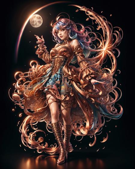 (masterpiece, top quality, best quality,watercolor (medium),official art, beautiful and aesthetic:1.2),(1girl:1.3), (fractal art:1.3),full body, looking at viewer,patterns,(rainbow color Hair,colorful hair,half blue and half pink hair:1.2), Movie Light, (Hell Building), Death Light, (Purple Particle), Demon, Moon, Bright Moonlight Skull, Very long hair, clothes with ridiculous Details, Whirlwinds, made out of ral-copperwire <lora:ral-copperwire:1> ral-copperwire