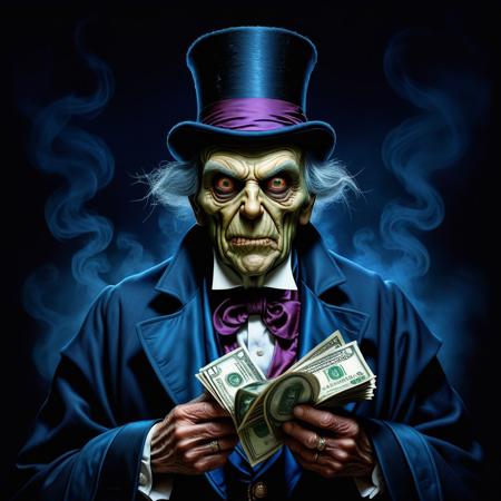 Ultra realistic color pencil drawing of an evil  money hoarding man, reminiscent of  Ebeneezer Scrooge.
BREAK
Deep dark intense midnight blue misty background, Dark theme, dynamic lighting, (soft shadows), (soft focus), (photo realistic), uhd, 8k