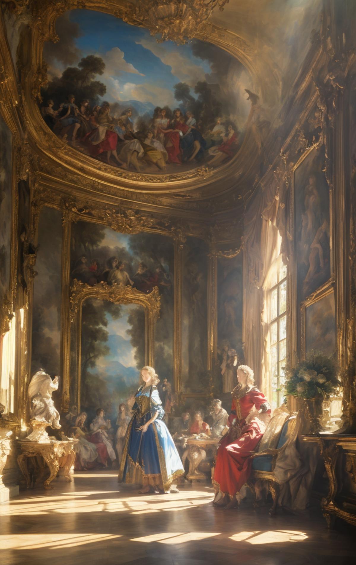 A group of people standing in a room with a gold ceiling and paintings on the walls.