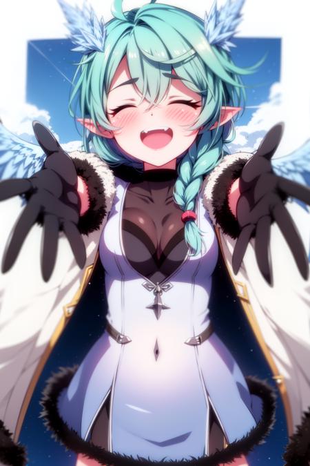 fur trim, fur-trimmed jacket, fur-trimmed coat, fur-trimmed sleeves, outstretched hand, wings, fur collar, open mouth, 1girl, reaching out, feathered wings, fur-trimmed hood, fur-trimmed cape, waving, gloves, blush, fur, fur-trimmed gloves, blue hair, fur coat, breasts, closed eyes, ahoge, smile, simple background, braid, outstretched arm, outstretched arms, fur-trimmed dress, solo, reaching, white background, long hair, jacket, open hand, coat, hair ornament, multicolored hair, heart, ice, harpy, blue wings, black gloves, fur-trimmed cloak, winter clothes, angel wings, eyebrows visible through hair, feather boa, open clothes, winged arms