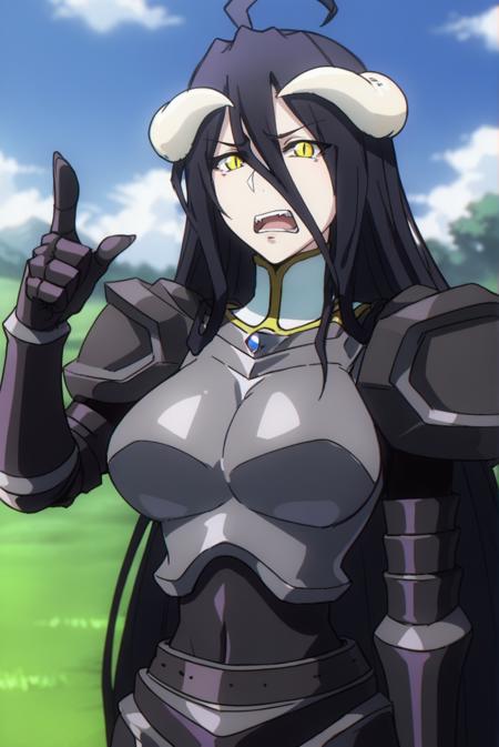 <lora:AlbedoXL-v4-07:0.7>, ChopioAlbedo, black hair, very long hair, hair between eyes, demon horns, yellow eyes, slit pupils, ahoge, looking at viewer, large breasts, black wings, feathered wings, low wings, outfit_1, bare shoulders, detached collar, web, white dress, cleavage, layered dress, white gloves, elbow gloves, hip vent, long dress,  outfit_2, armor, shoulder armor, boobplate, gauntlets, black belt, greaves, waist cape, black wings, feathered wings, low wings, outfit_3, necklace, dark purple dress, off-shoulder dress, sash, purple gloves, high heels, black footwear,