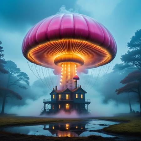 sfw, shnywrld, art style,  ,masterpiece,(best quality),extremely detailed ,   scifi, cyberpunk, steampunk, inflatable, zipper, mushroom, dramatic scene, in an open space, liminal,colourful fog, mist,colourful smoke, , shnywrld<lora:challenge\shinyworld_2dim.safetensors:0.75:0.75>