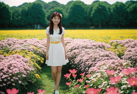 happy Misato Katsuragi from Neon Genesis Evangelion standing in a beautiful field of flowers, colorful flowers everywhere, perfect lighting, leica summicron 35mm f2.0, Kodak Portra 400, film grain