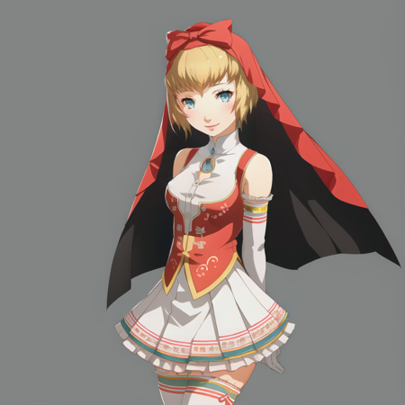 1girl, solo,  ((White background)), simple background,  smile, <lora:Persona4StyleV2:1>,  <lora:Idun:1>, red dress, veil, bow, gloves